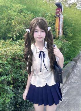 胖MM大码时尚娃娃领日系收腰衬衫短袖上衣原创小众百搭绀JK裙套装