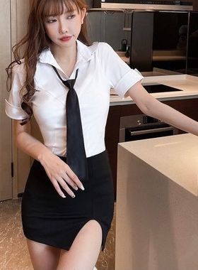 胖MM200斤特大码V领性感修身白色衬衫短袖衬衣修身包臀裙工作制服