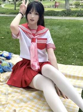 胖MM大码JK制服红三本长短袖衬衫水手中间服红裙学院风穿搭一整套