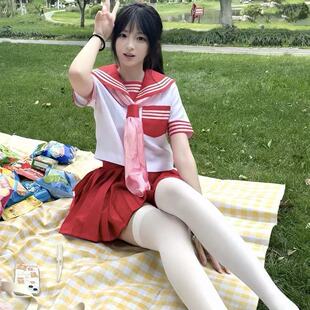 胖MM大码JK制服红三本长短袖衬衫水手中间服红裙学院风穿搭一整套