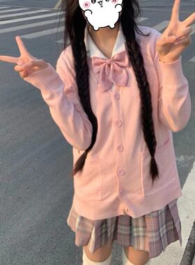 胖MM大码新款甜美学院风粉色针织毛衣原创V领开衫外套校供感穿搭