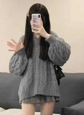 胖MM大码韩版灰色v领麻花大毛衣秋冬慵懒风宽松针织衫套头上衣女