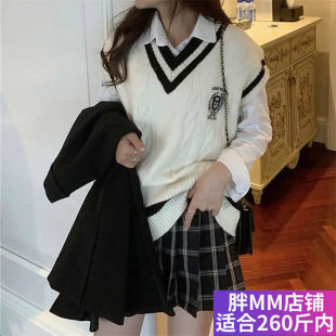 胖MM大码遮肚秋冬V领毛衣马甲女学生宽松显瘦学院风针织背心外套
