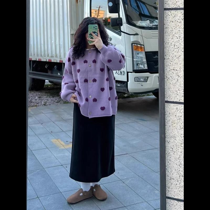 胖MM200斤特大码多巴胺紫色针织外搭开衫穿搭上衣秋女2024年新款