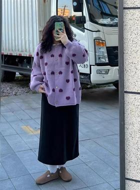 胖MM200斤特大码多巴胺紫色针织外搭开衫穿搭上衣秋女2024年新款