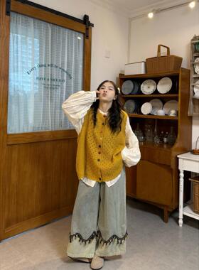胖MM大码秋冬日系学院风甜美套装女镂空减龄小清新针织黄马甲衬衫