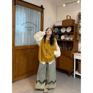 胖MM大码秋冬日系学院风甜美套装女镂空减龄小清新针织黄马甲衬衫