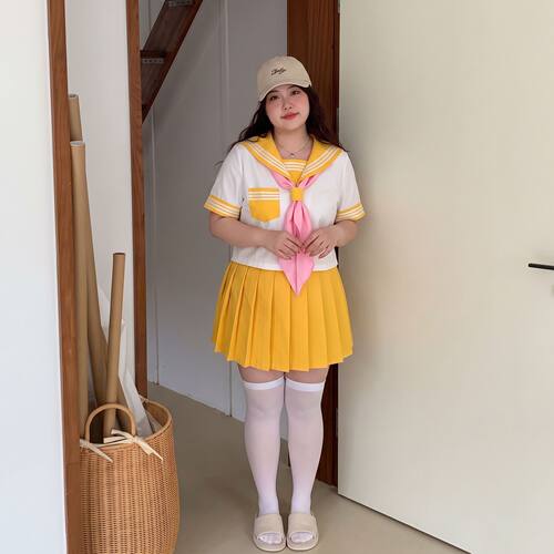胖MM大码日系jk制服夏季学院风蓝三本黄三本bl水手服双子jk套装女