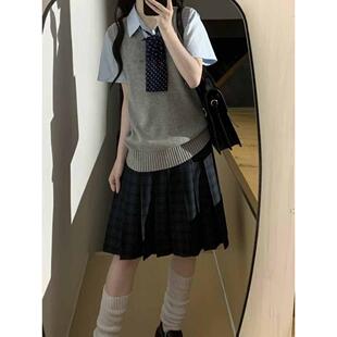胖MM大码JK制服套装针织V领马甲背心叠穿蓝色衬衫学院风海苔中裙