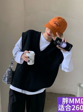 胖MM大码胖人穿搭宽松V领套头毛衣针织马甲背心女秋季外塔上衣潮