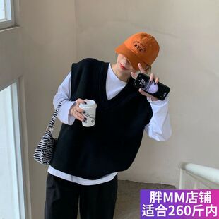 胖MM大码胖人穿搭宽松V领套头毛衣针织马甲背心女秋季外塔上衣潮