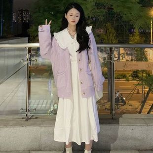 胖MM200斤特大碼 外套女 溫柔風娃娃領連衣裙針織毛衣開衫 兩件套裝