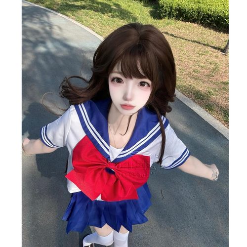 胖MM大码宝蓝jk套装美少女夏季水手服制服学院衬衫上衣日系百褶裙