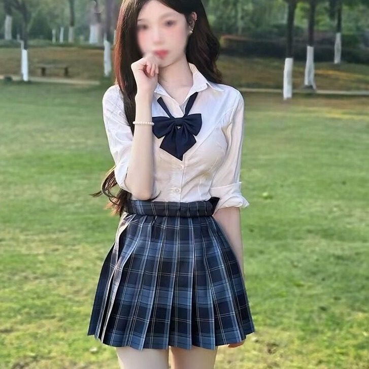 胖MM大码冈梨田jk制服裙狗短格裙套装夏季学院风百褶半身裙子全套