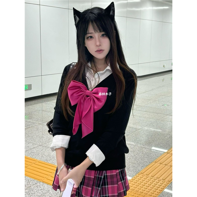 胖MM200斤特大码针织衫长袖毛衣JK制服宽松上衣小玫格裙短裙套装