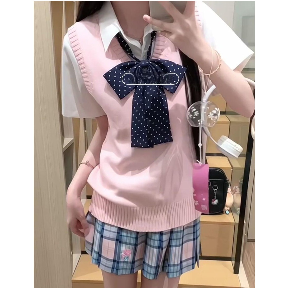 胖MM大码JK制服针织衫樱花妹穿搭马甲背心纯色v领毛衣上衣三件套