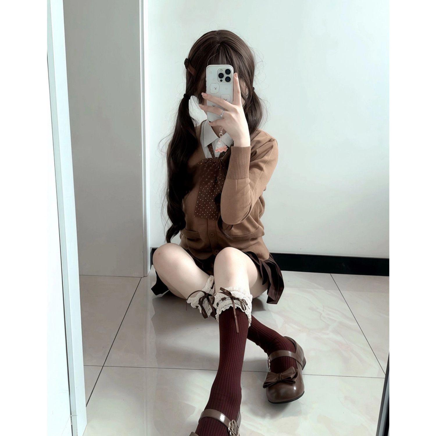 胖MM大码j秋冬校供感棕色针织衫毛衣外套叠穿焦糖可颂jk格裙套装