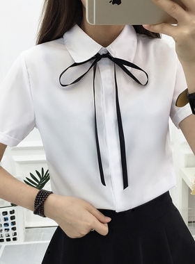 夏白色短袖衬衫女蝴蝶结宽松大码胖MM200斤学生衬衣工装职业上衣