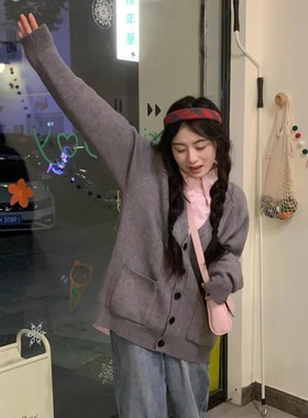 胖MM200斤特大码灰色针织开衫毛衣软糯中长款宽松慵懒风外套上衣