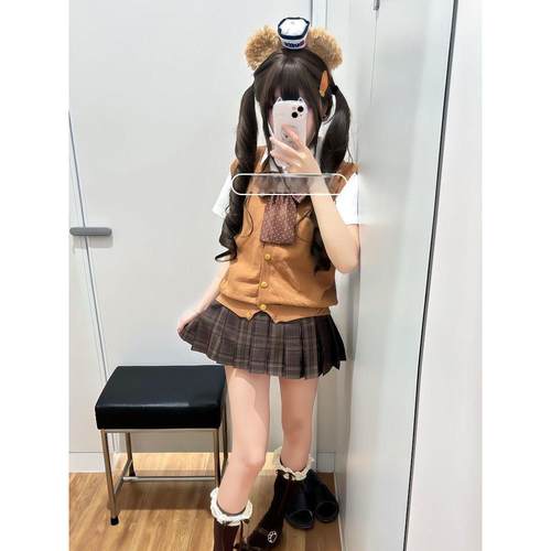 胖MM大码JK制服针织无袖马甲背心春秋款内搭短袖衬衫jk格裙一整套