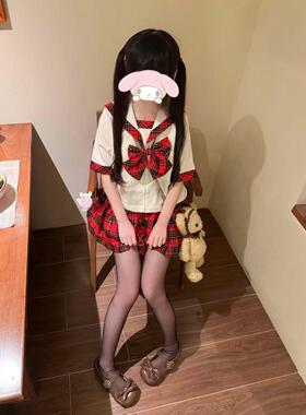 胖MM大码新款JK制服水手服红格裙学院风校供JK短袖衬衫苏格兰套装
