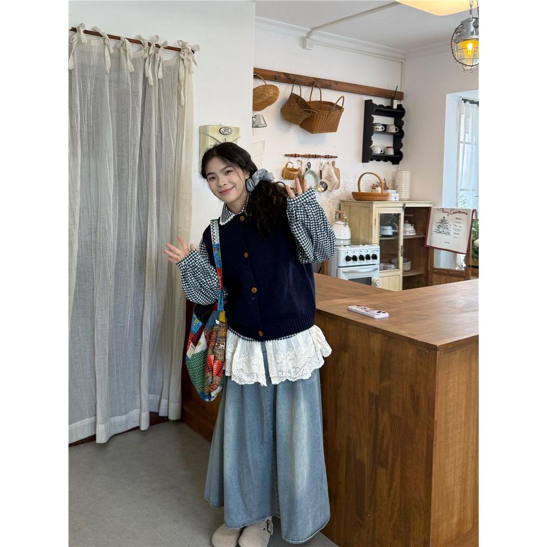 胖MM大码日系套装女生藏蓝色针织马甲花边拼接格纹衬衫两件套秋冬