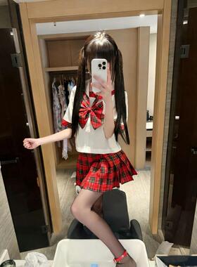 胖MM大码甜美日系苏格兰短袖水手服2026年新款红格子短裙套装软萌