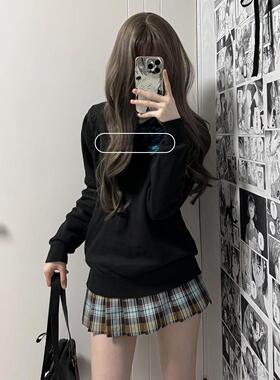 胖MM大码Jk制服套装慵懒风黑色套头长袖针织衫复古百搭毛衣格裙女