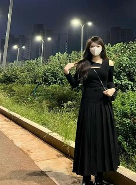 胖MM200斤特大码黑色百褶西装裙女半身裙高腰休闲a字过膝中长裙子