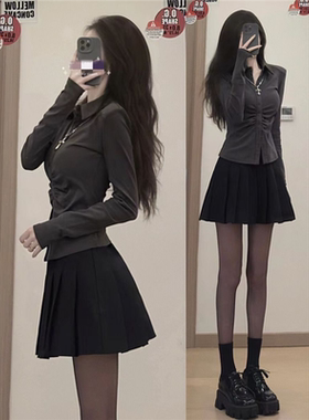 胖MM200斤特大码收腰显瘦长袖jk衬衫女学姐上衣辣妹褶皱灰色衬衣