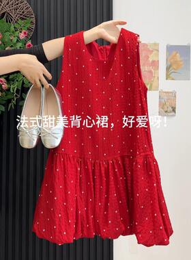 胖MM大码法式复古甜美花朵无袖背心女肌理感宽松红色波点花苞上衣