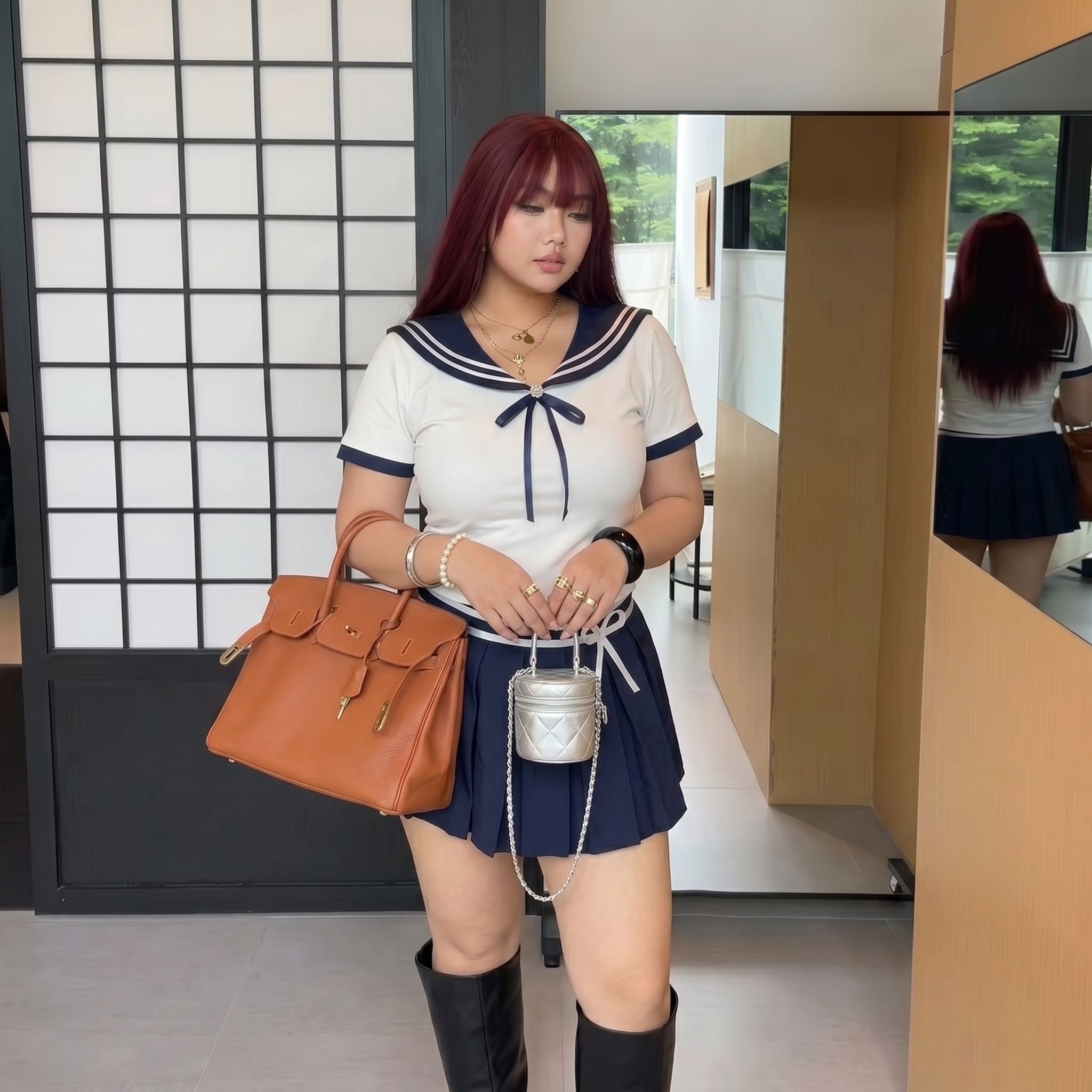 胖MM大码jk制服套装学院风海军领短袖t恤女夏季纯欲辣妹短款上衣