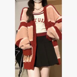 复古慵懒风撞色条纹针织开衫 秋冬美式 仿貂毛毛衣外套爆款 胖MM大码