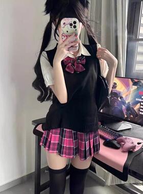 胖MM大码JK制服V领针织衫黑色背心马甲叠穿绑带衬衫百搭短裙套装