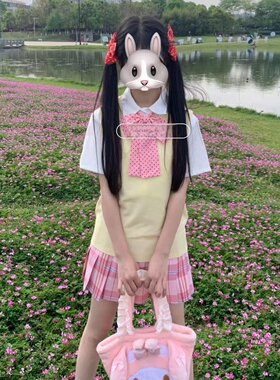 胖MM大码jk制服学院风针织衫黄色马甲背心叠穿衬衫糖果短裙套装女