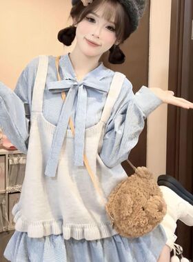 胖MM大码韩系复古格子蝴蝶结系带衬衫裙显瘦花苞裙女背心甜美套装