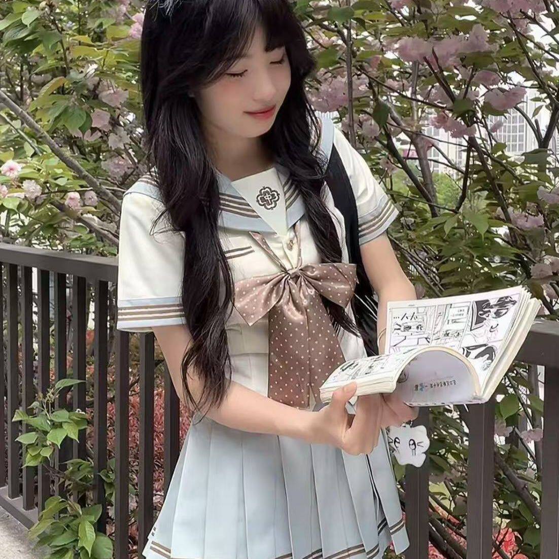 胖MM大码水手服学院风穿搭长短袖衬衫薄荷巧新款JK短裙超仙中间服
