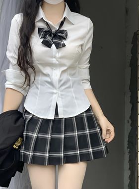胖MM200斤特大码学院风辣妹日系收腰长袖系带JK白色衬衫网红炸街