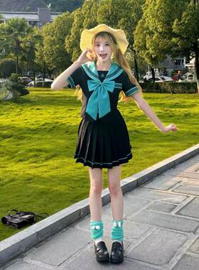胖MM大码jk制服原创学院风青柠初音色水手服日系校供收腰学生套装
