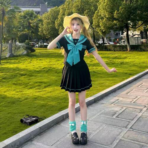 胖MM大码jk制服原创学院风青柠初音色水手服日系校供收腰学生套装