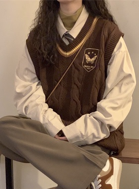 胖MM大码叠穿针织马甲女宽松毛衣女学院风外穿叠穿校供感上衣外套