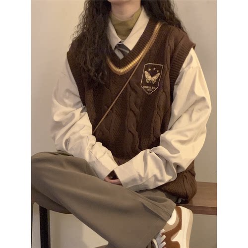 胖MM大码叠穿针织马甲女宽松毛衣女学院风外穿叠穿校供感上衣外套