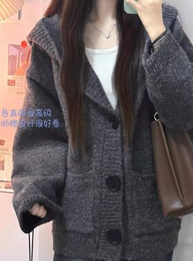 胖MM大码韩系灰色连帽毛衣外套开衫女秋冬厚宽松显瘦慵懒风针织衫