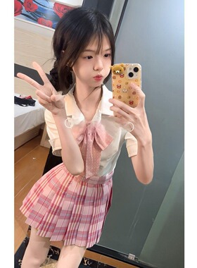 胖MM大码JK制服夏季收腰短袖白色衬衫百搭百褶格裙套装女短裙衬衣