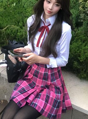 胖MM大码套装小众长袖白色衬衫收腰修身百搭小玫短裙原创JK制服夏