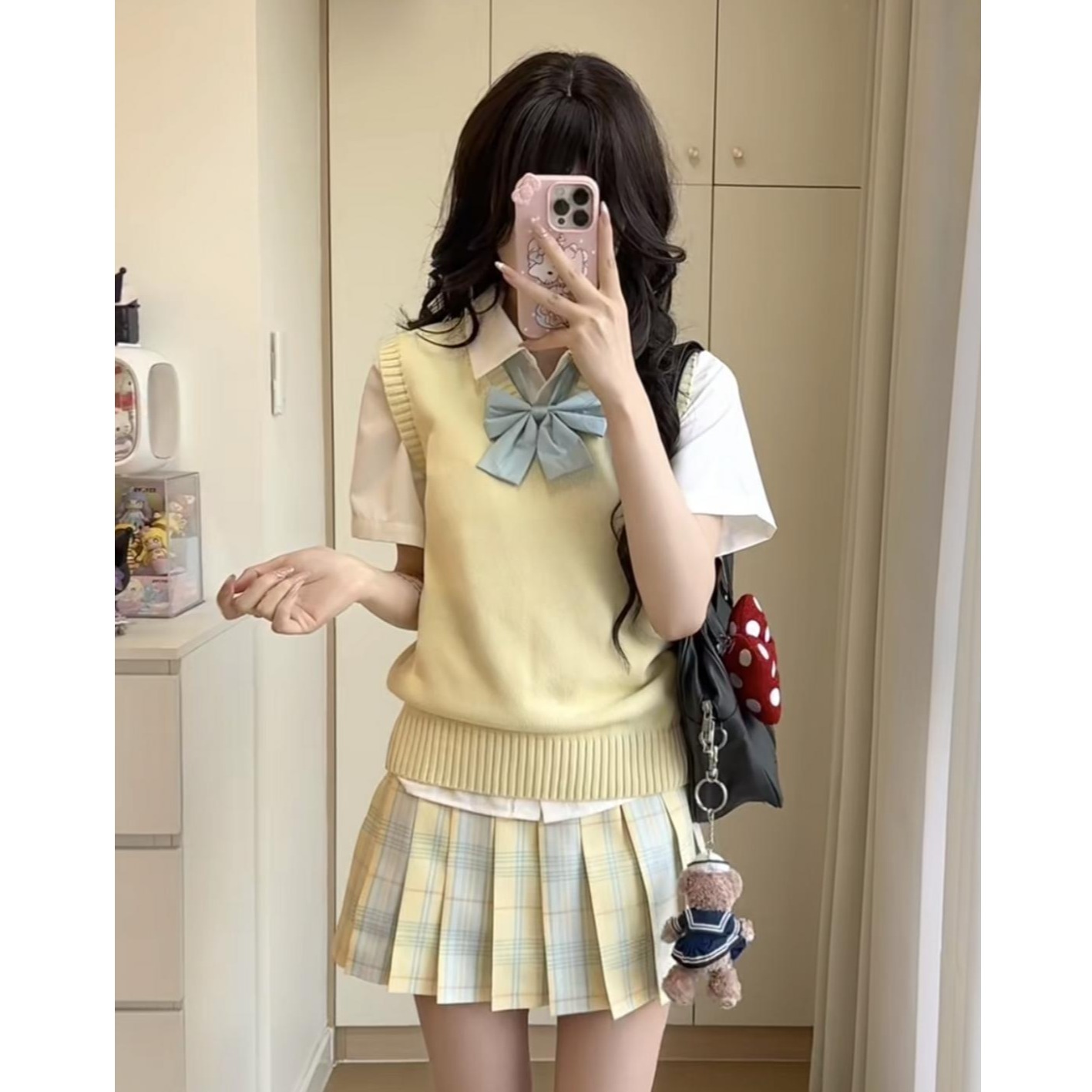 胖MM大码甜美校供感柚月jk格裙套装学院风针织纯色马甲背心上衣女