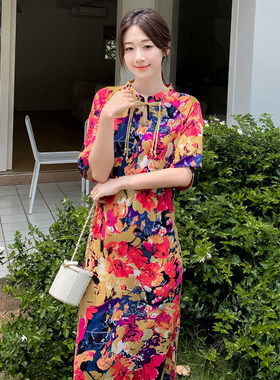 棉绸印花新中式盘扣旗袍裙