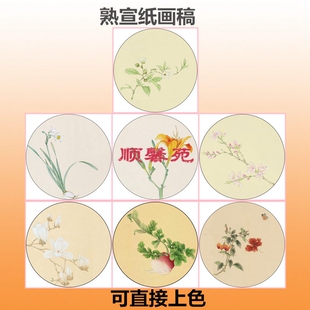 N50圆形扇面工笔画熟宣纸白描底稿桃花鸟玉兰萝卜扶桑水仙黄花菜