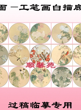 扇面工笔画白描底稿线描花鸟