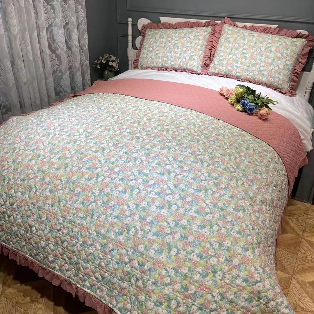 韩式纯棉绗缝水洗复古小碎花加厚床单床盖床垫塌塌米垫菲边